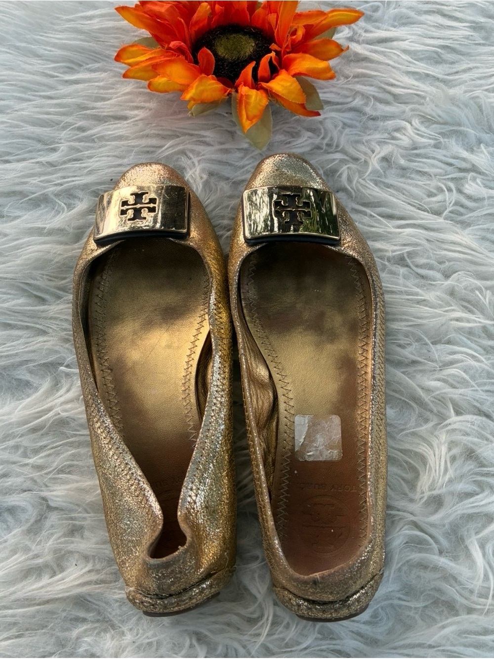 Tory Burch Metallic Gold Logo Ballet Flats